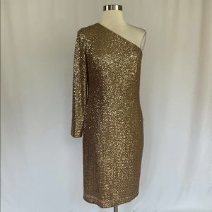 LAUREN Ralph Lauren Women's Cocktail Dress Size 10 Gold Sequin One Sleeve Sheath